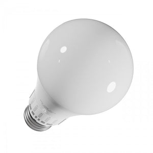 Becul LED de 10 W cu 5 culori de lumină, văzut de sus, cu scala temperaturilor pe gât, pe fundal alb
