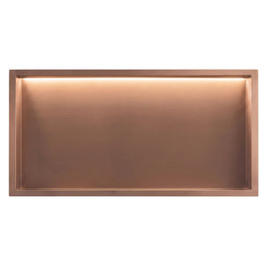 Nișa de duș Tessa în cupru periat, cu lățimea deschiderii de 60 cm, văzută din față, cu lumina aprinsă