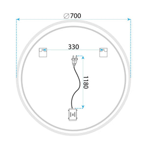 Desenul tehnic al oglinzii Albia, cu cotele, cu diametrul de 70 cm