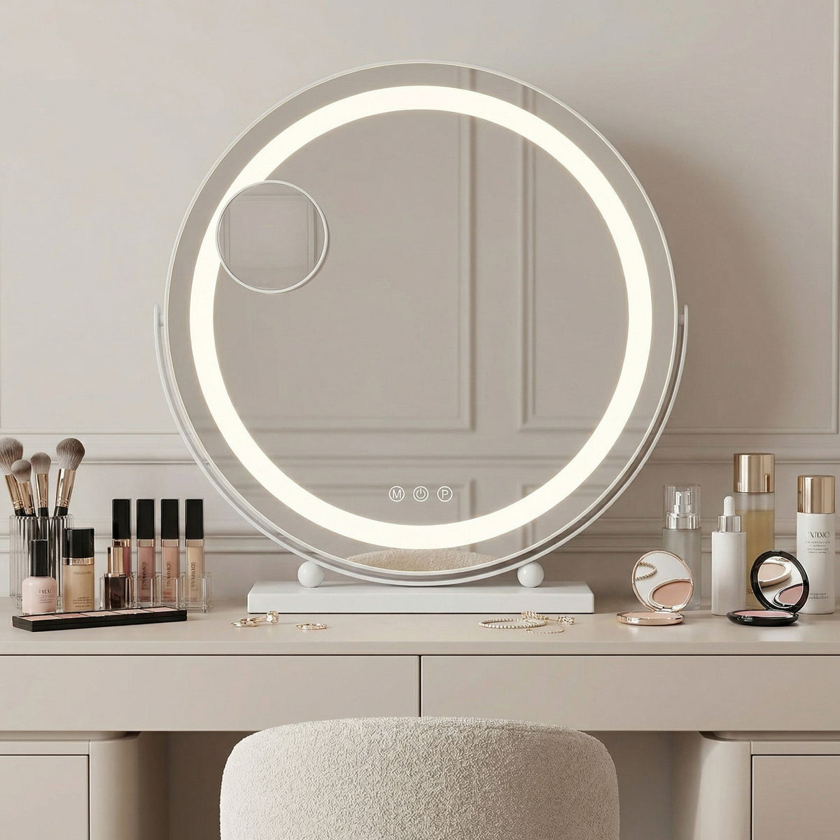 Oglinda Rouge în alb: măsuță cu cosmetice, lupă mică pe oglindă