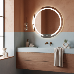 Oglinda Solenne într-o baie, mobilier, robinete de bronz, pendul-glob, cu diametrul de 78 cm