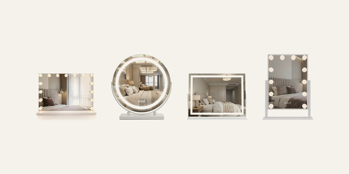 Oglinzi LED de masă pentru living, cu becuri sau cu lumină pe contur, pe fundal crem