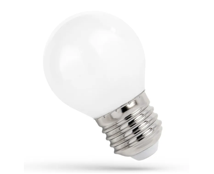 Becul LED bilă G45 cu sticlă mată albă, lăptoasă, și soclu E27, pe fundal alb