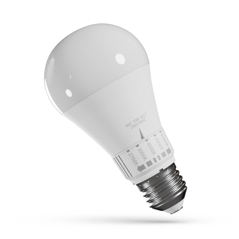 Becul LED de 10W cu 5 culori de lumină, sticlă mată albă și scala temperaturilor pe corp, pe fundal alb