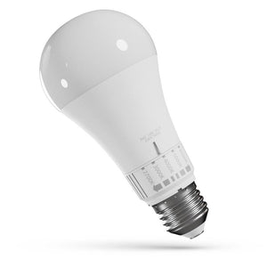 Becul LED E27 de 13 W cu 5 culori de lumină, sticlă mată albă și scala temperaturilor pe corp, pe fundal alb