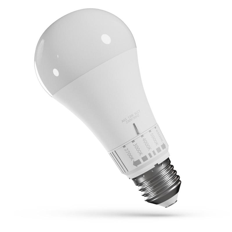 Becul LED E27 de 13 W cu 5 culori de lumină, sticlă mată albă și scala temperaturilor pe corp, pe fundal alb