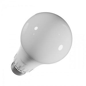 Becul LED E27 de 13 W cu 5 culori de lumină, văzut de sus, cu scala temperaturilor pe gât, pe fundal alb