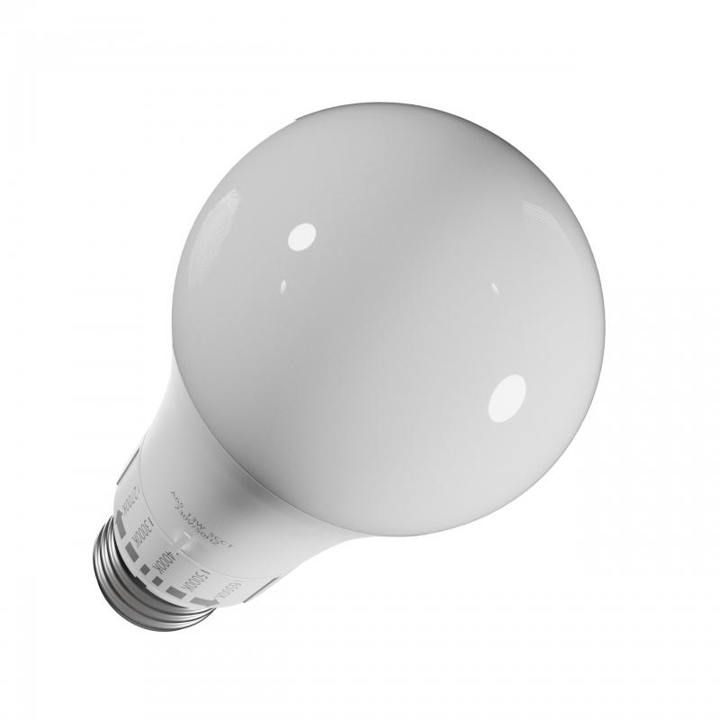 Becul LED E27 de 13 W cu 5 culori de lumină, văzut de sus, cu scala temperaturilor pe gât, pe fundal alb