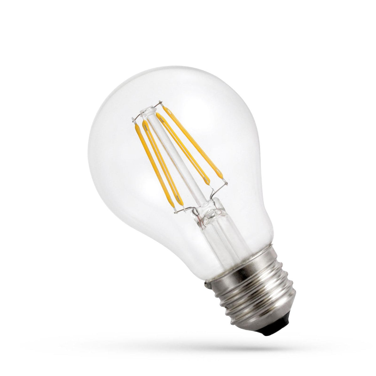 Becul LED E27 de 8,5 W cu lumină caldă, sticlă transparentă și patru filamente drepte, pe fundal alb