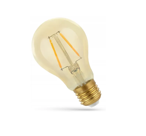 Becul LED E27 clasic din sticlă chihlimbar, cu două filamente aprinse, pe fundal alb