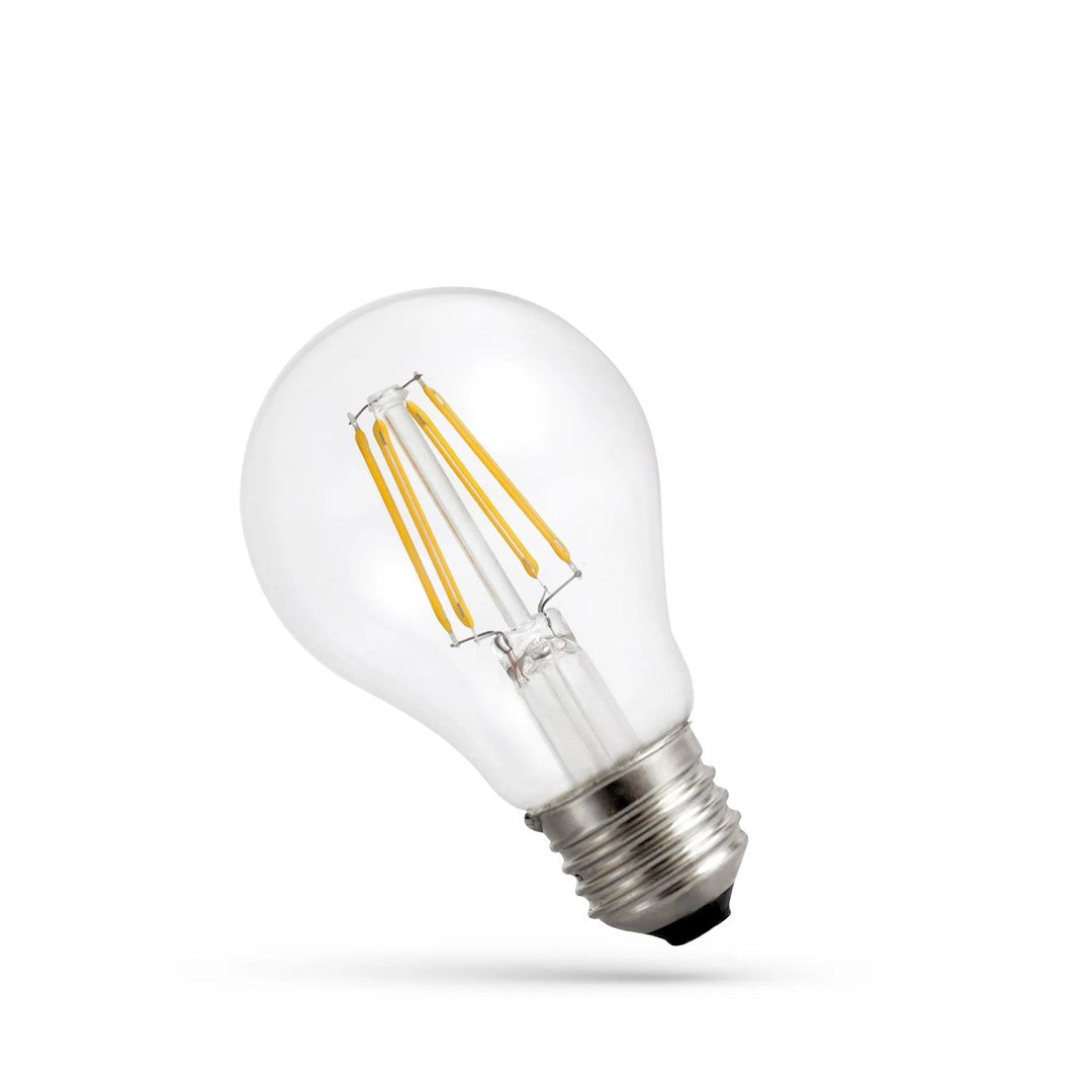 Becul LED E27 de 7 W din sticlă transparentă, cu patru filamente drepte, pe fundal alb