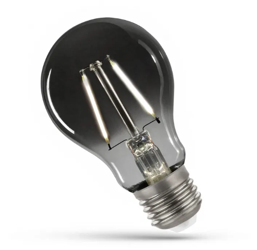 Becul LED E27 cu filament, în sticlă fumurie, formă clasică, pe fundal alb