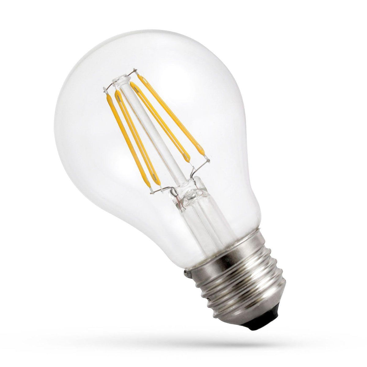 Becul LED E27 de 3,8 W cu filament, lumină rece, sticlă transparentă și patru filamente drepte, pe fundal alb