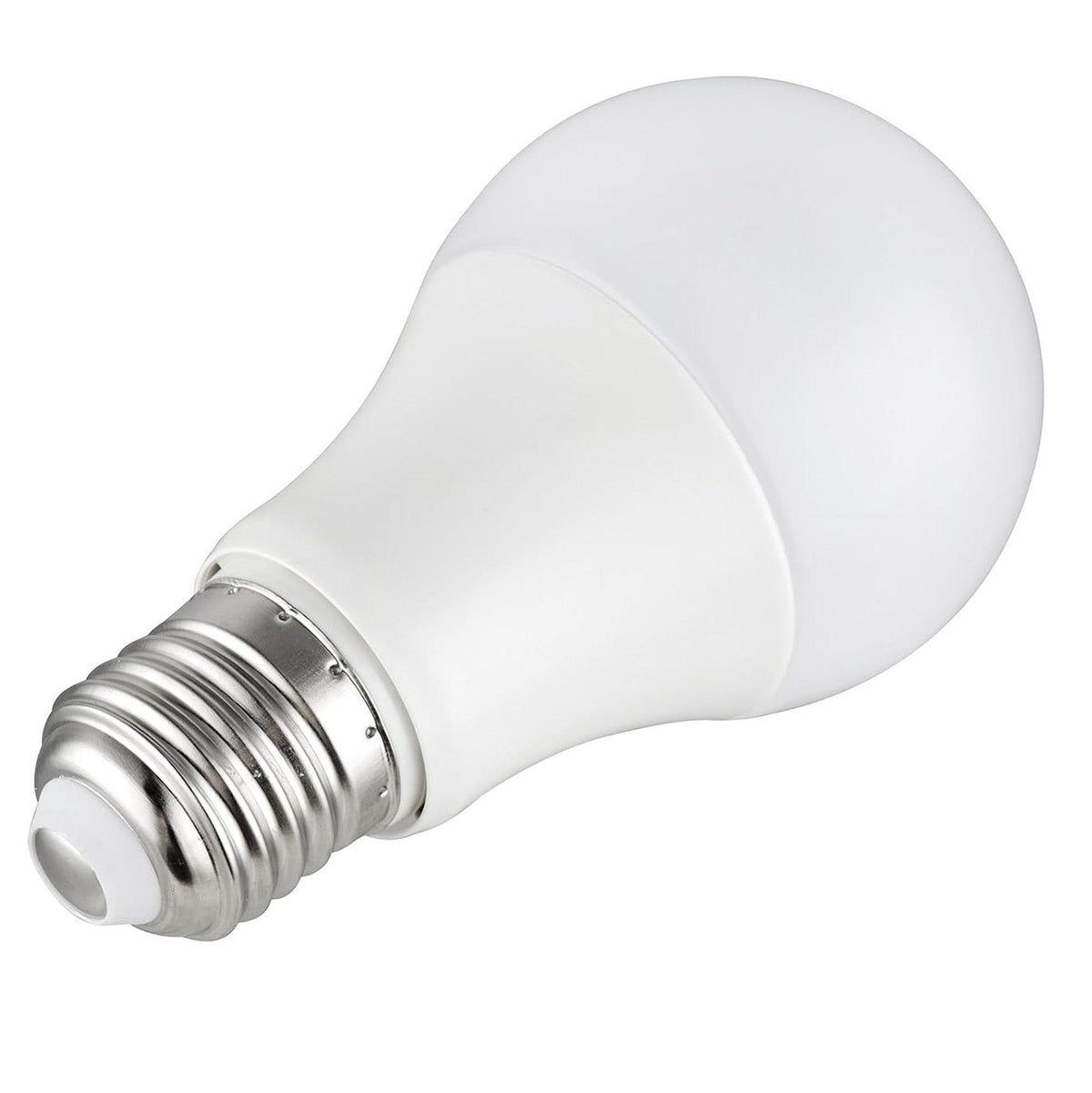 Becul LED E27 de 12 W cu lumină caldă, sticlă mată albă și corp alb, pe fundal alb