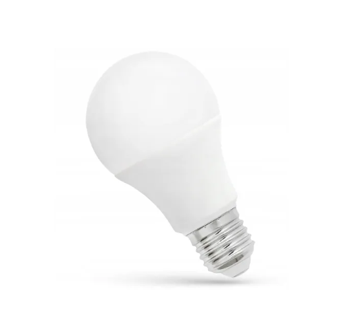 Becul LED E27 de 5 W cu sticlă mată albă și corp alb, pe fundal alb