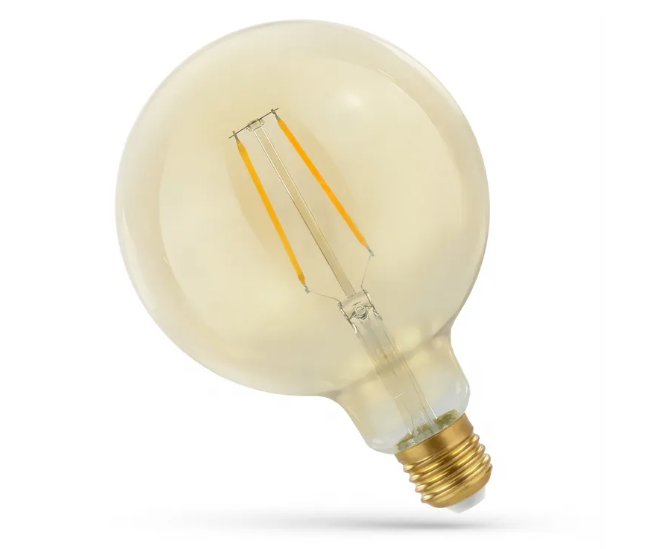 Becul LED glob G125 din sticlă chihlimbar, cu două filamente aprinse, pe fundal alb
