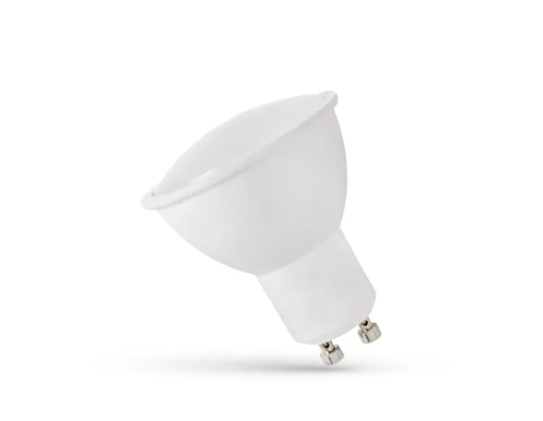 Becul LED GU10 de 6 W cu lumină caldă, difuzor alb mat, pe fundal alb