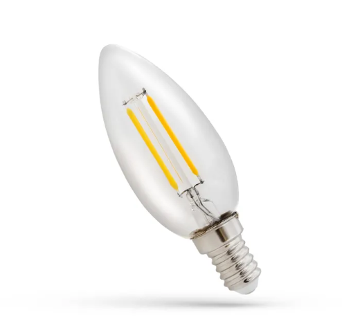 Becul LED lumânare E14 de 1 W din sticlă transparentă, cu două filamente, pe fundal alb