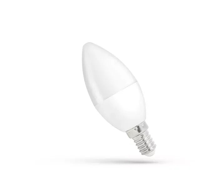 Becul LED lumânare E14 de 8 W cu sticlă mată albă și lumină rece, pe fundal alb