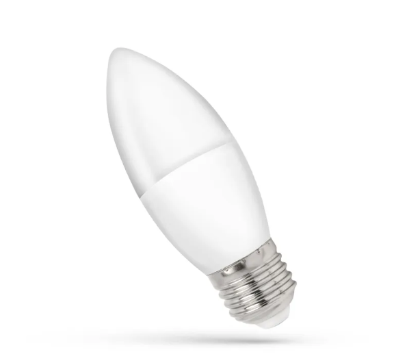 Becul LED lumânare E27 de 4 W cu sticlă mată albă și corp alb, pe fundal alb