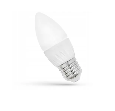 Becul LED lumânare E27 de 6 W cu sticlă mată și corp alb cu nervuri, pe fundal alb