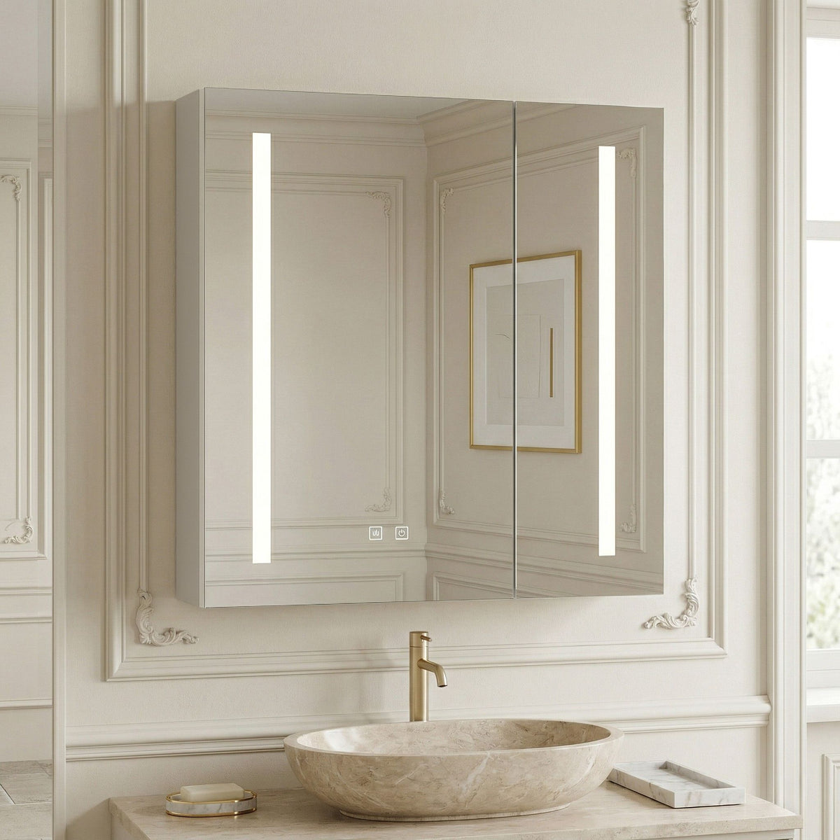 Dulapul cu oglindă Amalfi într-o baie clasică cu ornamente, lavoar-bol de marmură, baterie