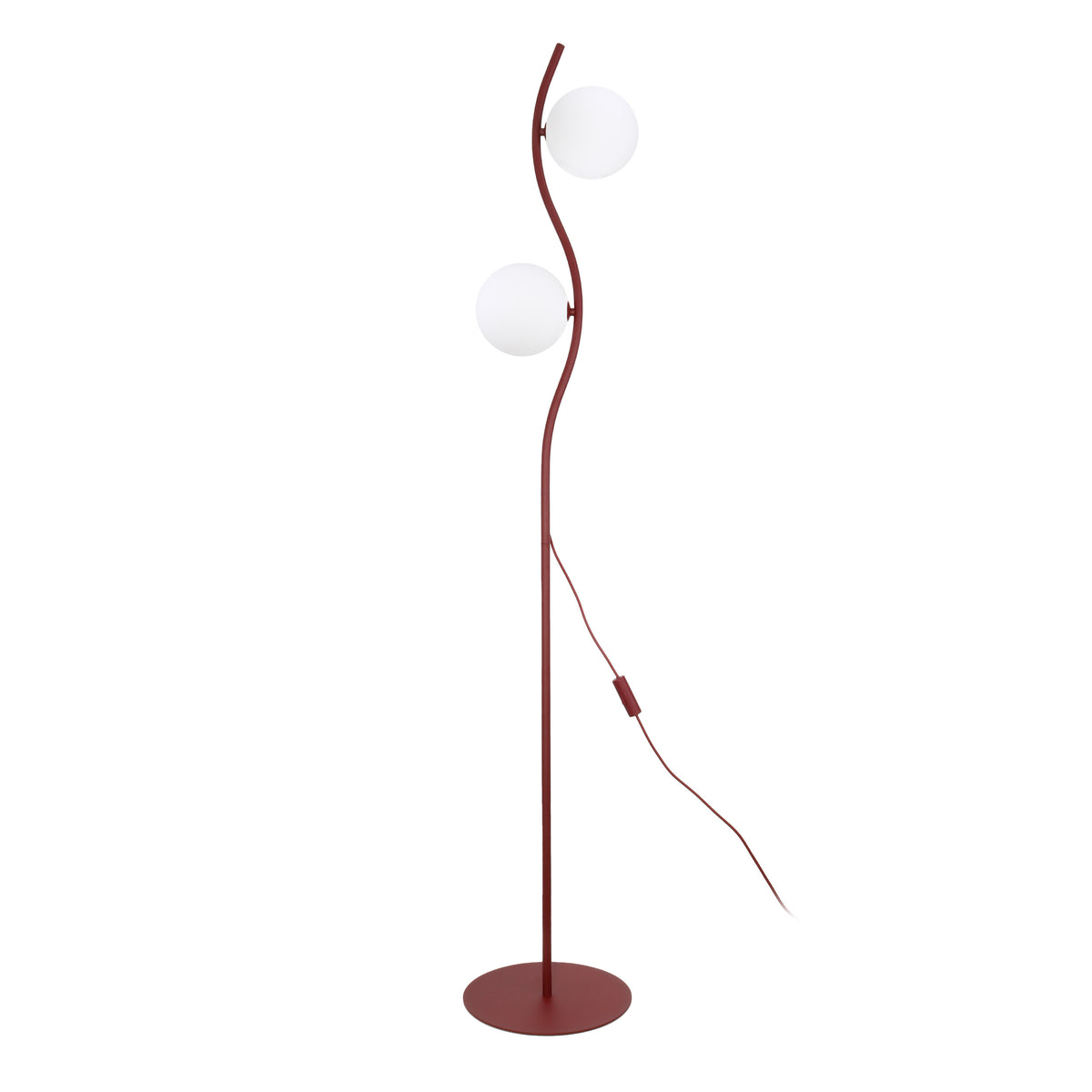 Lampadarul Ancona vișiniu cu 2 globuri albe, pe fundal alb