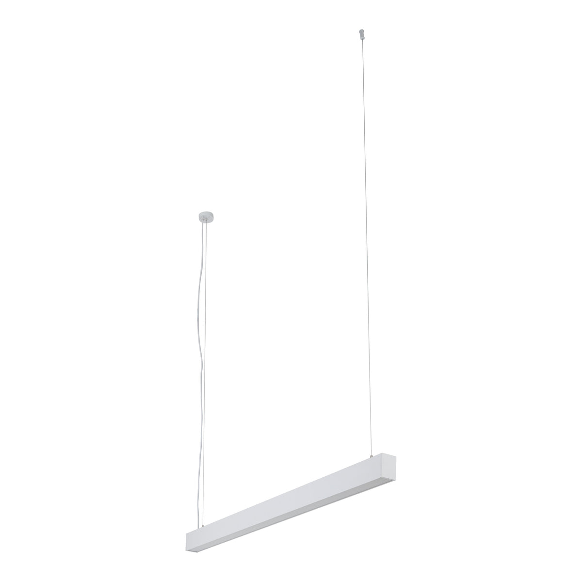 Lustra liniară Luxe Pro albă, suspendată pe două cabluri, pe fundal alb