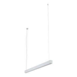 Lustra liniară Luxe Pro albă, suspendată pe două cabluri, pe fundal alb