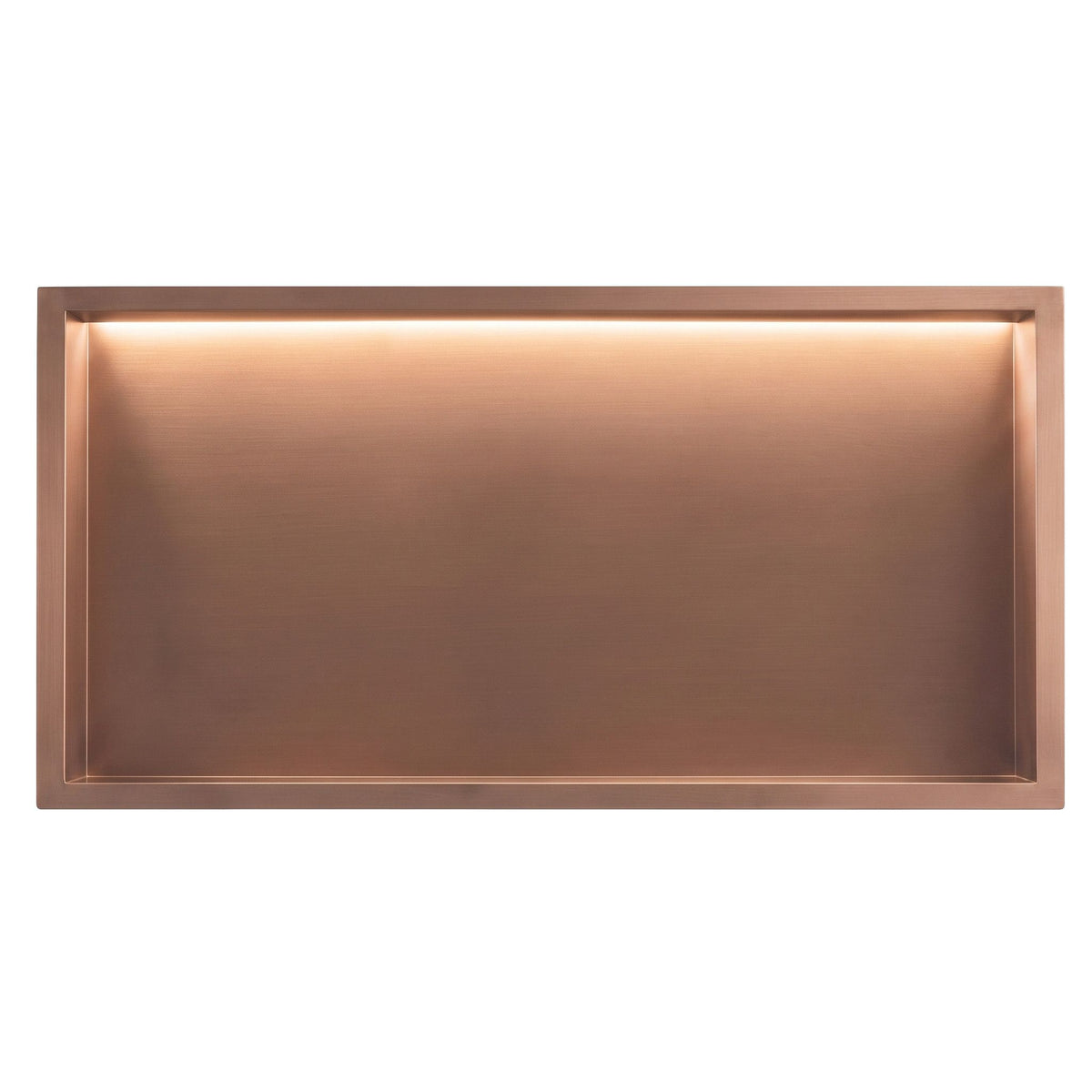 Nișa de duș Tessa în cupru periat, cu lățimea deschiderii de 60 cm, văzută din față, cu lumina aprinsă