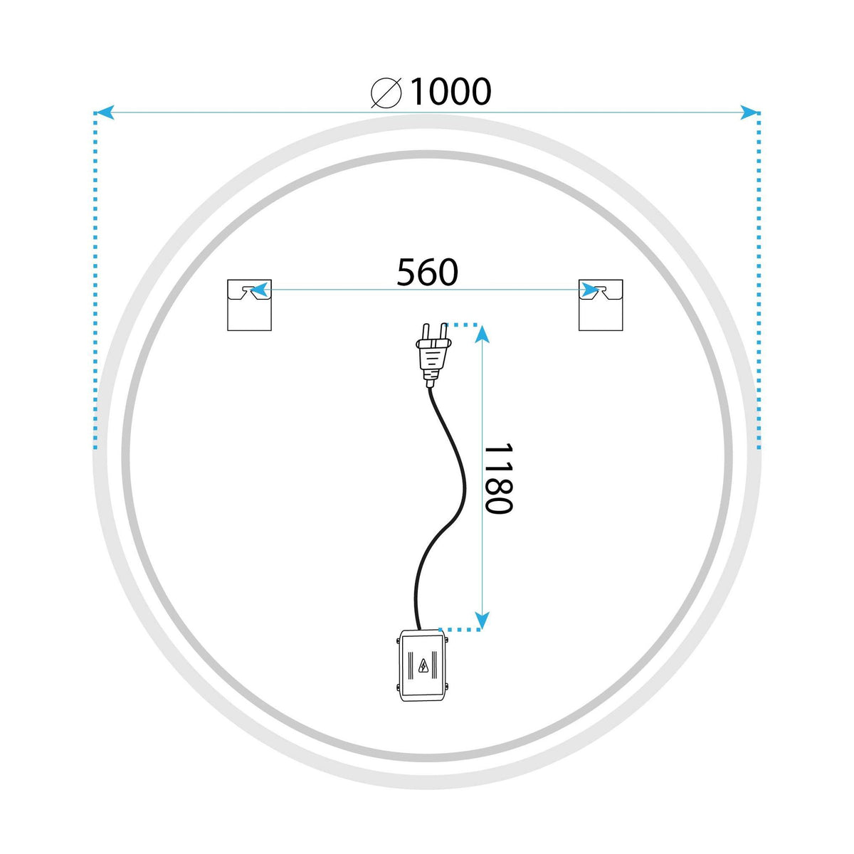 Desenul tehnic al oglinzii Albia, cu cotele, cu diametrul de 100 cm