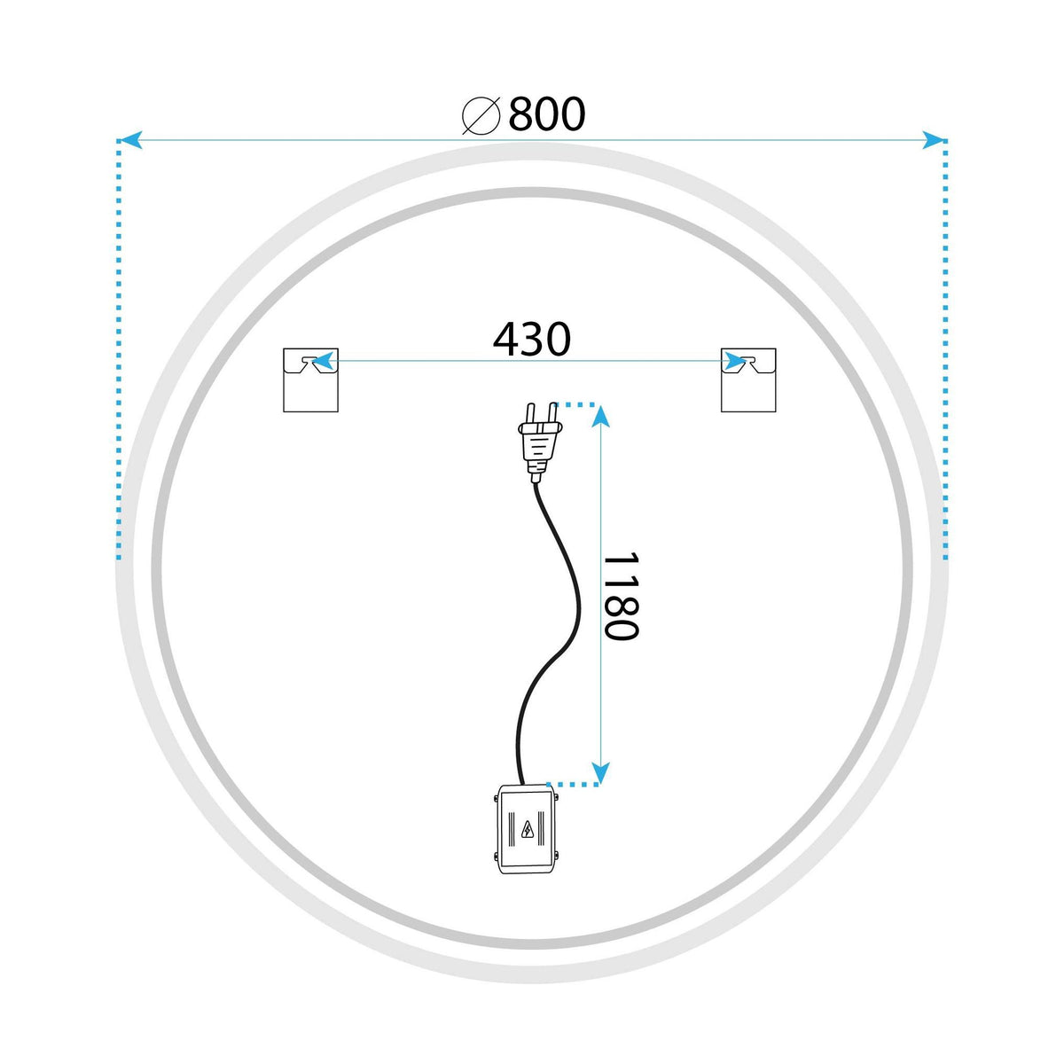 Desenul tehnic al oglinzii Albia, cu cotele, cu diametrul de 80 cm