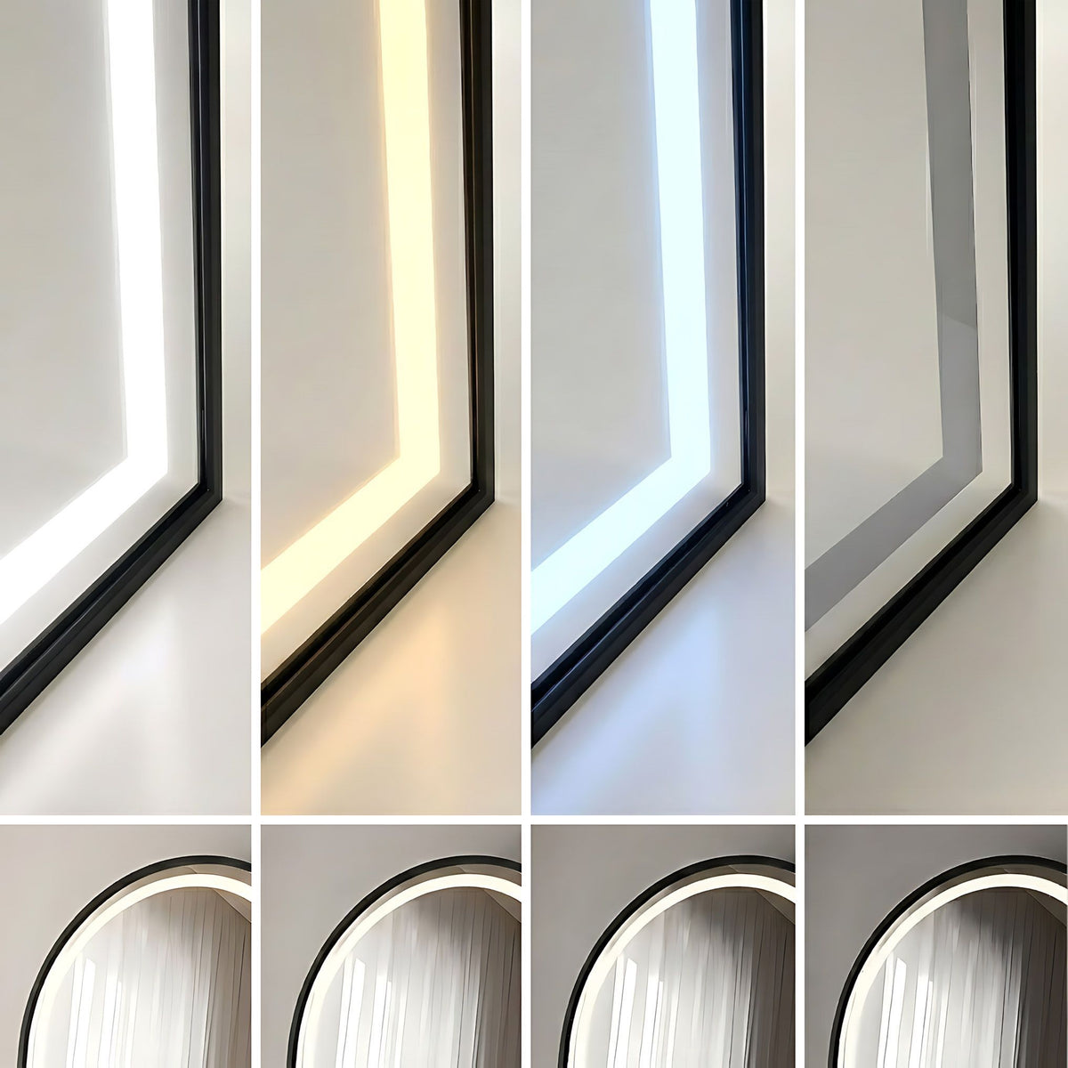 Detaliu al oglinzii Arcadia în negru: rama în lumină rece / caldă / neutră / stins
