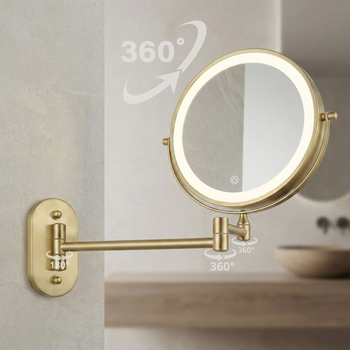Oglinda Aster în auriu periat cu brațul și oglinda rotite în mai multe poziții