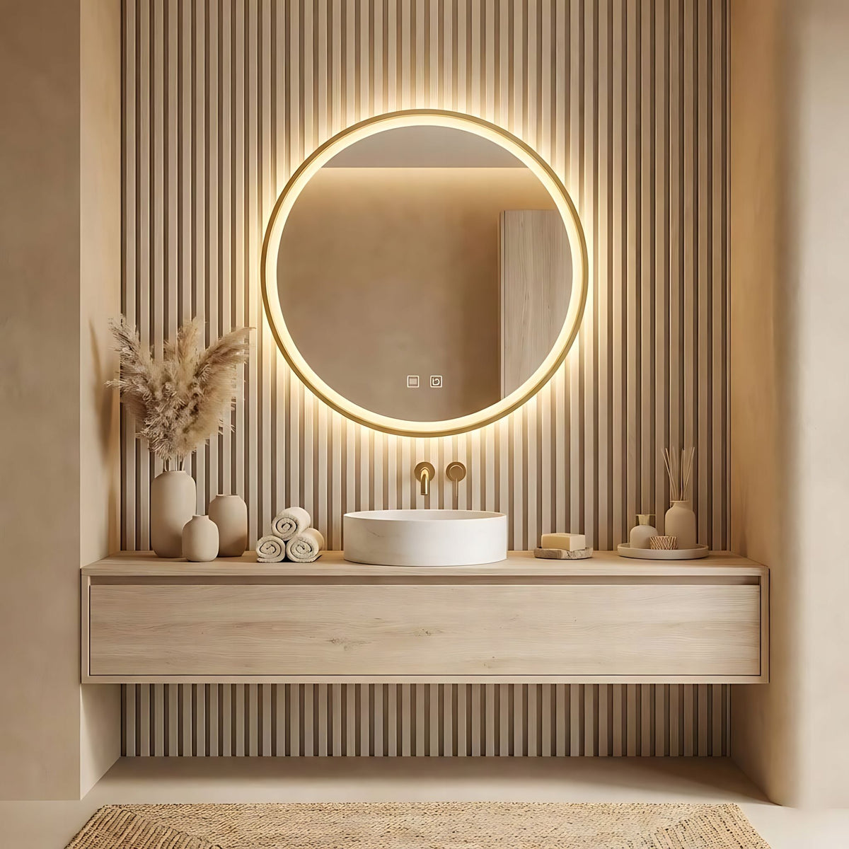 Oglinda Aureola în auriu într-o baie cu lambriu vertical, mobilier de stejar, lavoar-bol