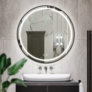 Oglinda Aureola în negru într-o baie cu lavoar pe mobilier, pendule, cu diametrul de 50 cm