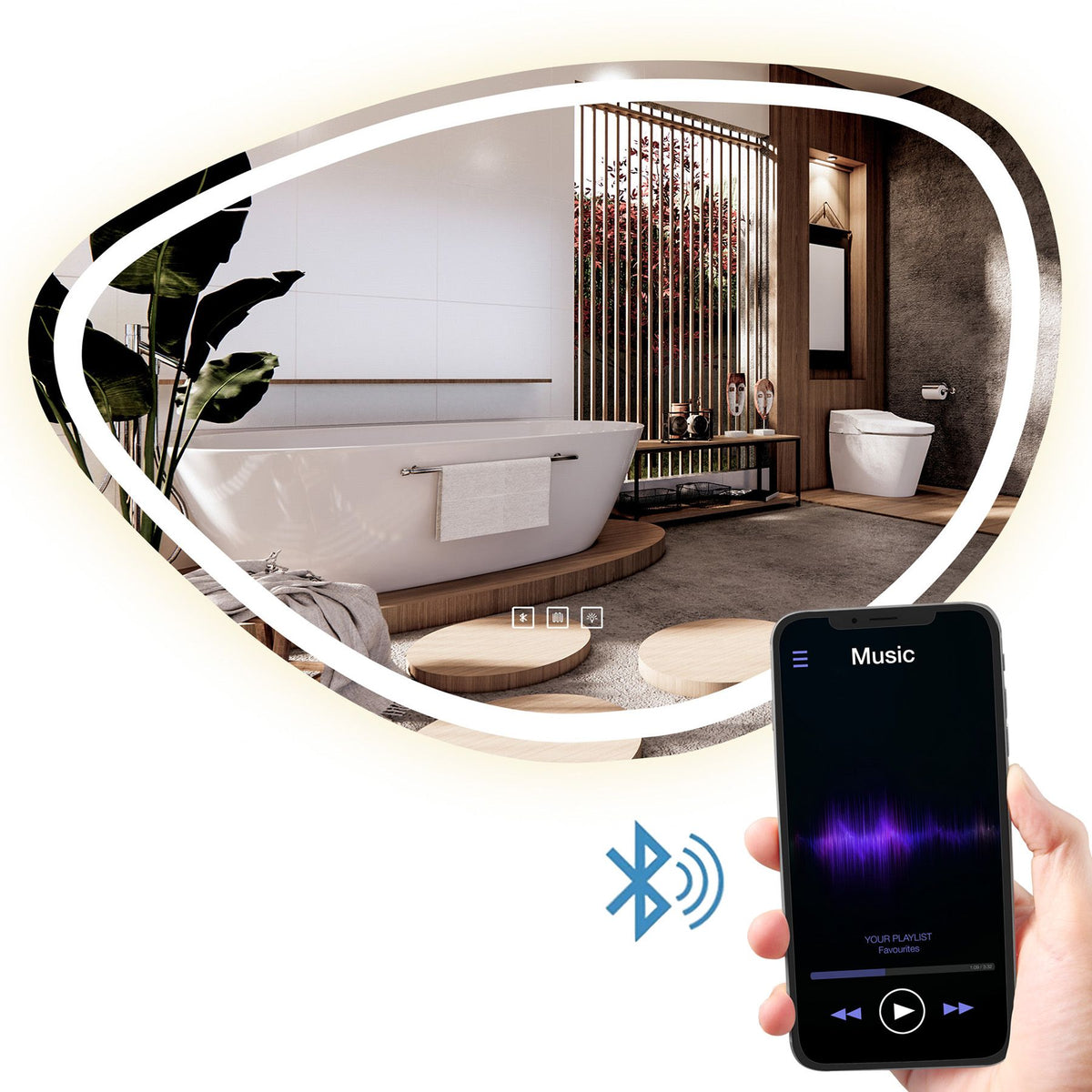 Oglinda Bruma, cu lumina aprinsă, telefon cu și simbolul Bluetooth, pe fundal alb