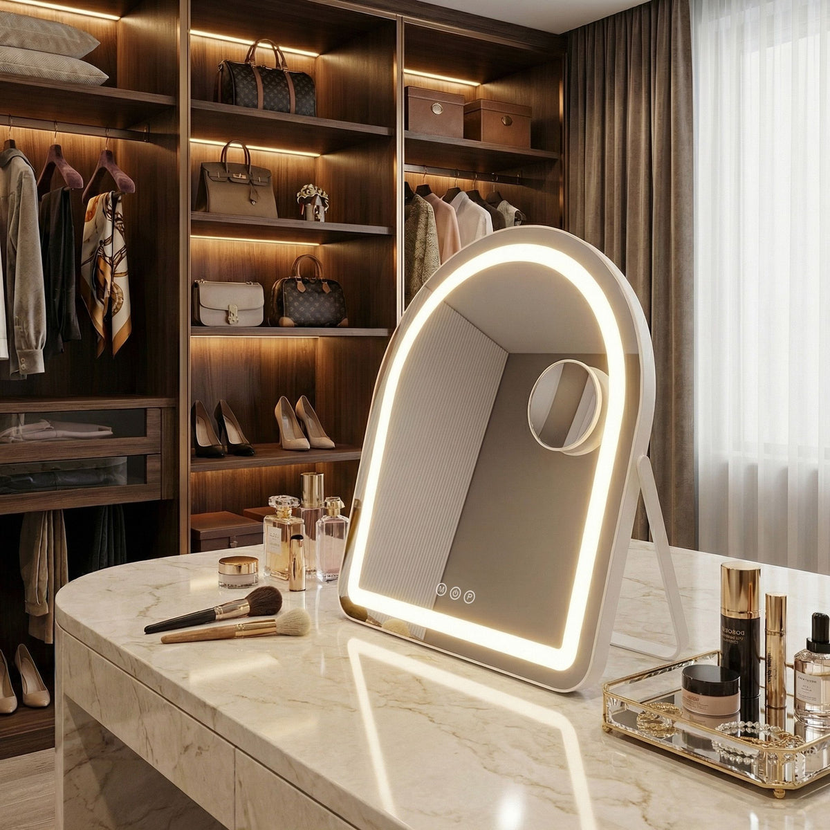 Oglinda Gloria în alb într-un dressing cu dulapuri de nuc, măsuță de marmură