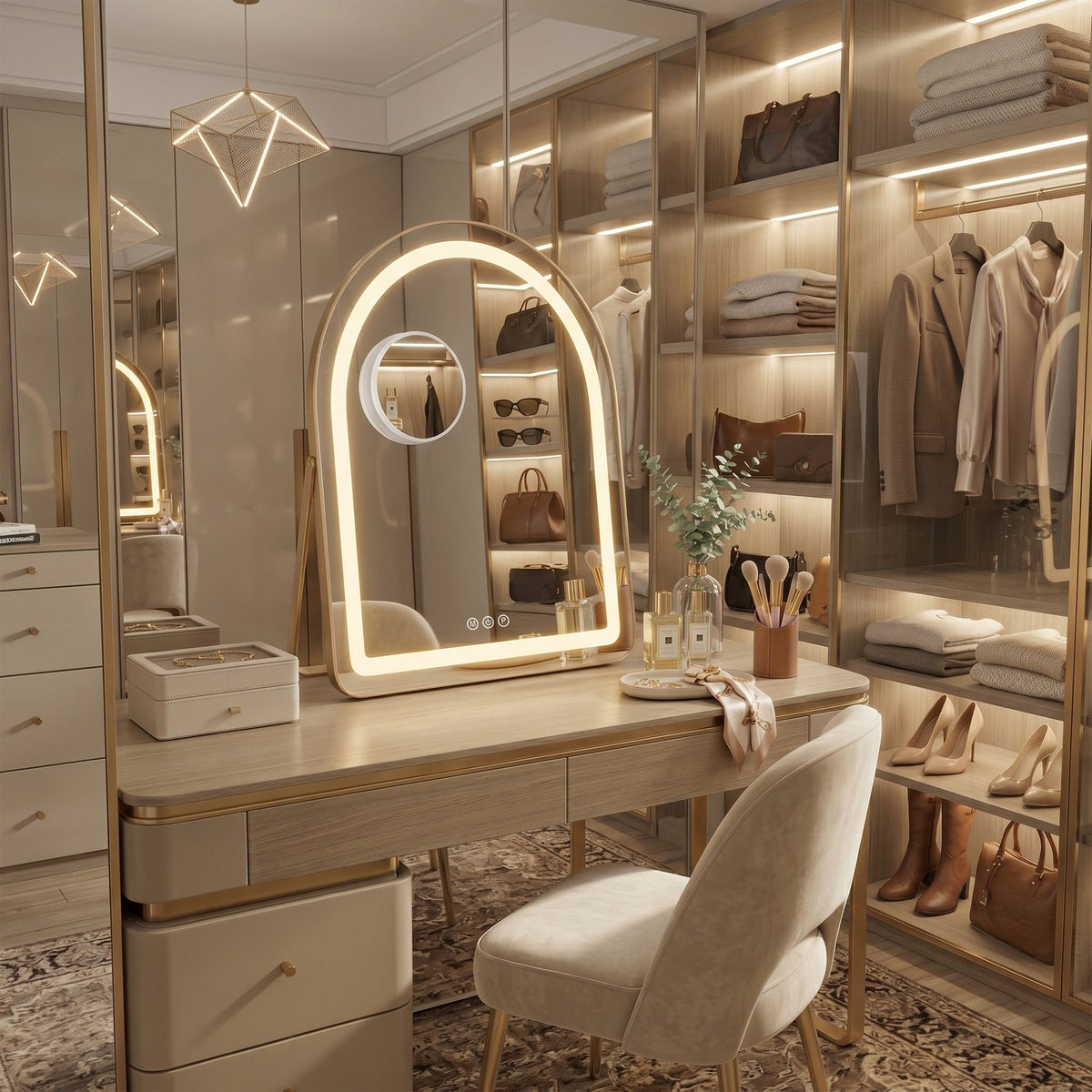 Oglinda Gloria în auriu deschis într-un dressing cu dulapuri luminate, măsuță de toaletă