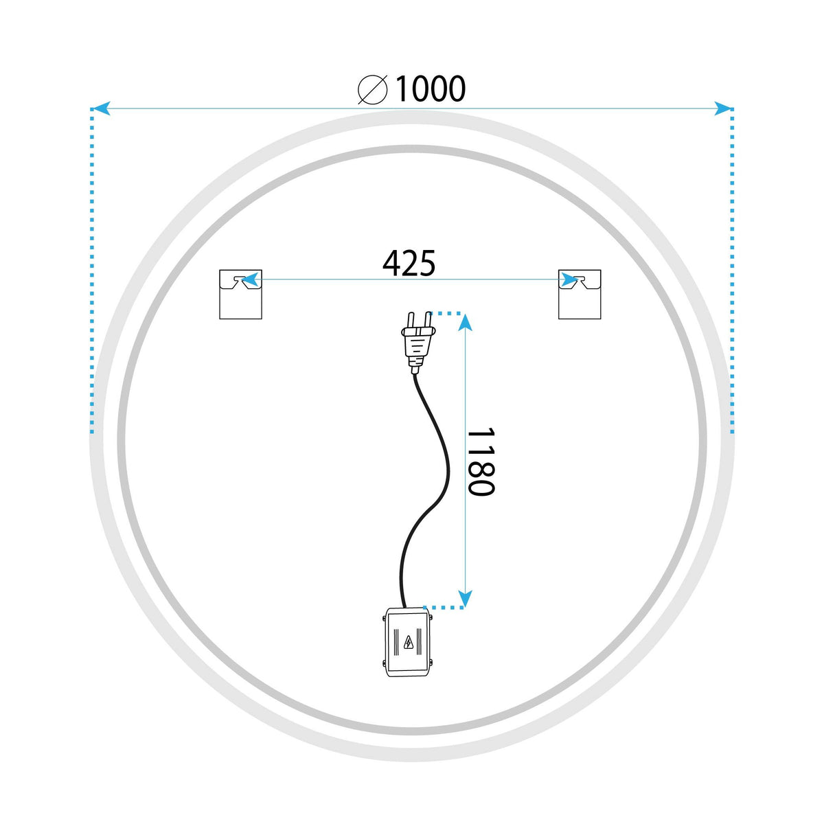 Desenul tehnic al oglinzii Halo, cu cotele, cu diametrul de 100 cm