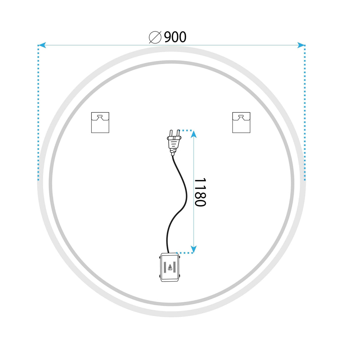 Desenul tehnic al oglinzii Halo, cu cotele, cu diametrul de 90 cm