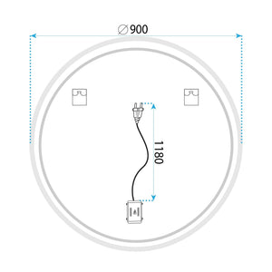 Desenul tehnic al oglinzii Halo, cu cotele, cu diametrul de 90 cm