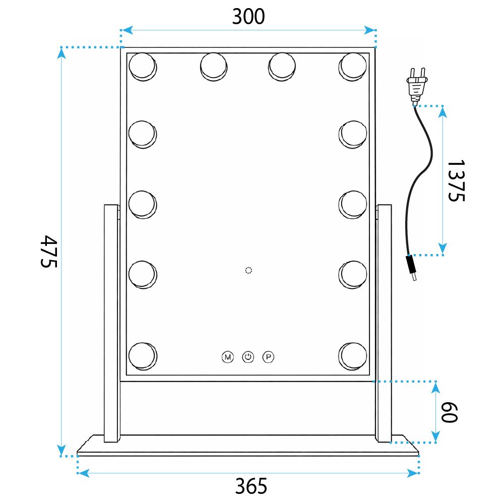 Desenul tehnic al oglinzii Perla în alb, cu cotele