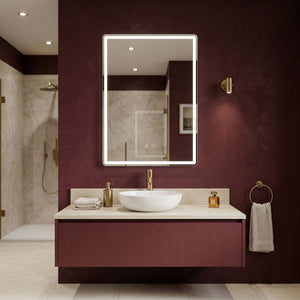 Oglinda Riviera într-o baie, mobilier, lavoar-bol, duș cu baterie, cu lățimea de 60 cm
