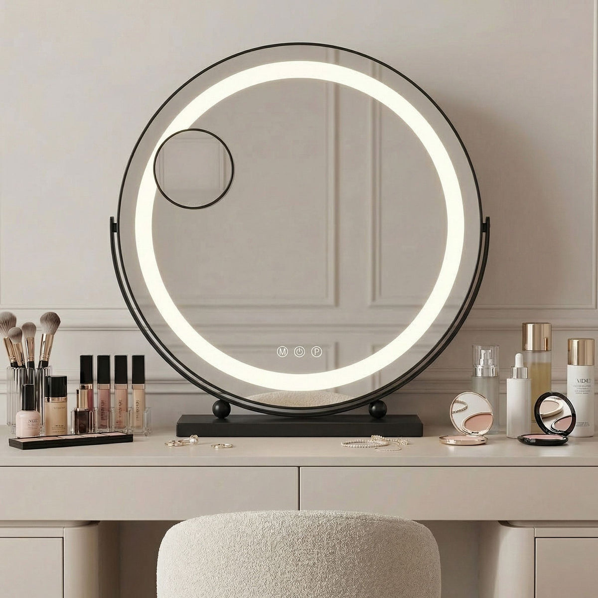 Oglinda Rouge în negru, cu diametrul de 40 cm, cu lumina aprinsă, măsuță cu cosmetice, lupă mică pe oglindă