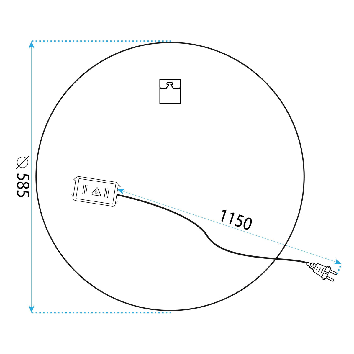 Desenul tehnic al oglinzii Selene, cu cotele, cu diametrul de 58,5 cm