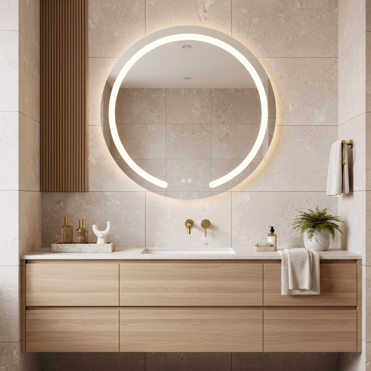 Oglinda Solenne într-o baie de piatră, mobilier de stejar cu sertare, robinete, cu diametrul de 98,5 cm