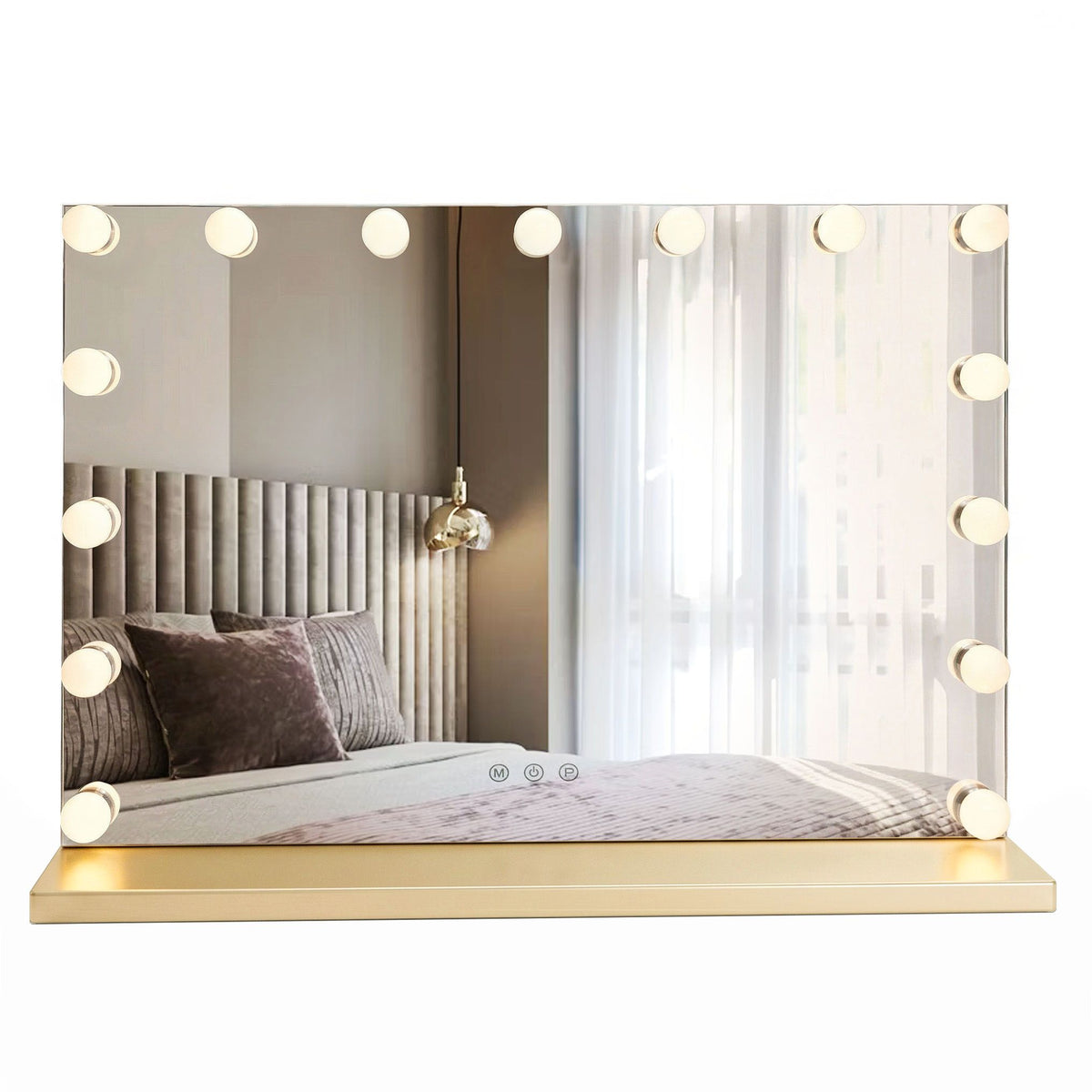 Oglinda Teatro în auriu deschis, cu lățimea de 58 cm, cu lumina aprinsă