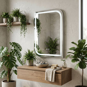 Oglinda Zenit în nichel periat într-o baie cu plante mari, consolă de stejar, pietre decorative