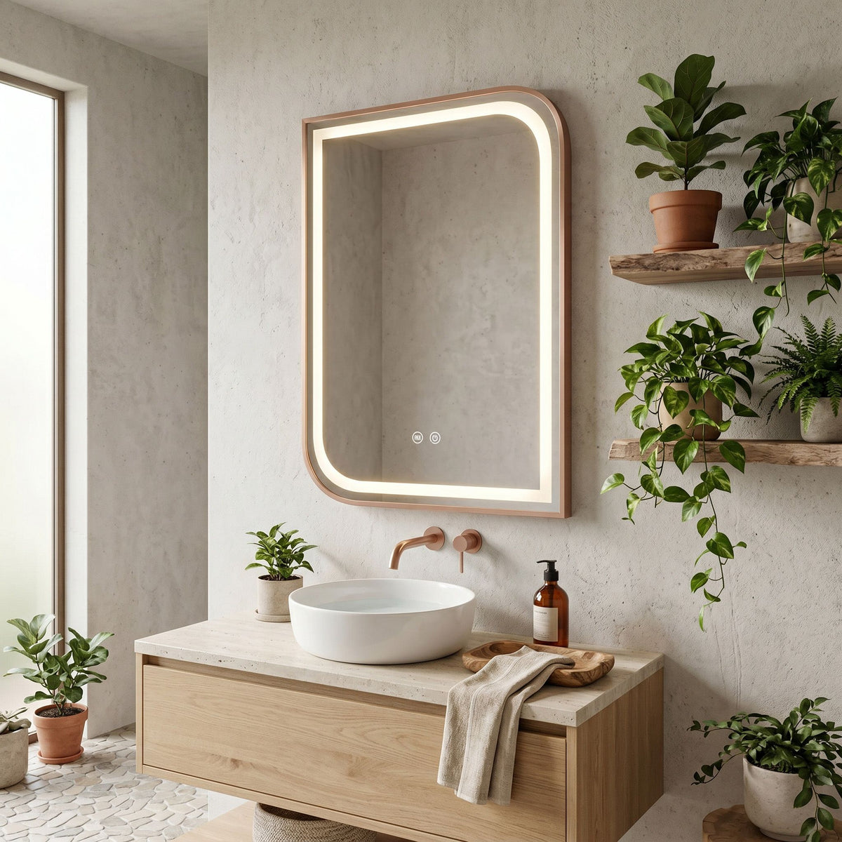 Oglinda Zenit în roz-auriu periat într-o baie cu plante pe rafturi, lavoar-bol pe mobilier de stejar